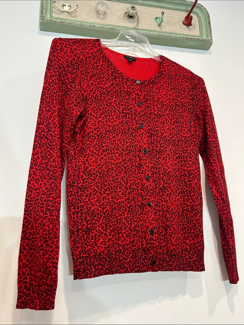 Ann Taylor Red Black silk cotton cashmere Leopard Button-Up Cardigan Medium Top
